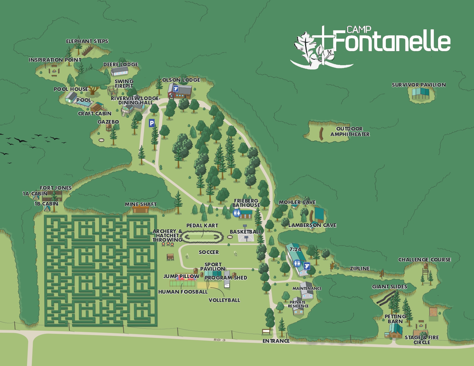 Illustrated Camp Fontanelle map with labeled buildings, cabins, trails, and a large Fontanelle logo in the top-right.
