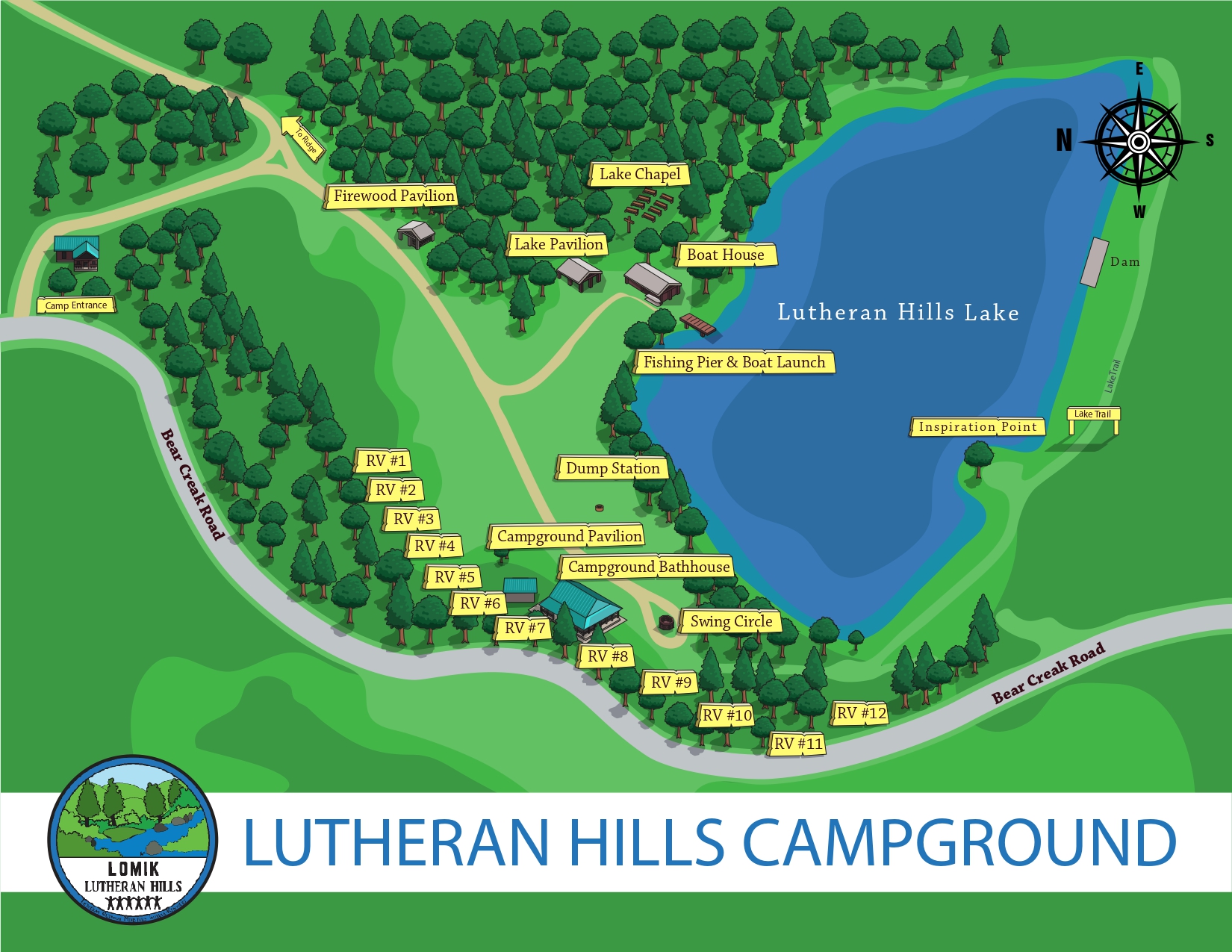 Map of Lutheran Hills Campground with RV sites along Bear Creek Road, lake in center, and trails through trees