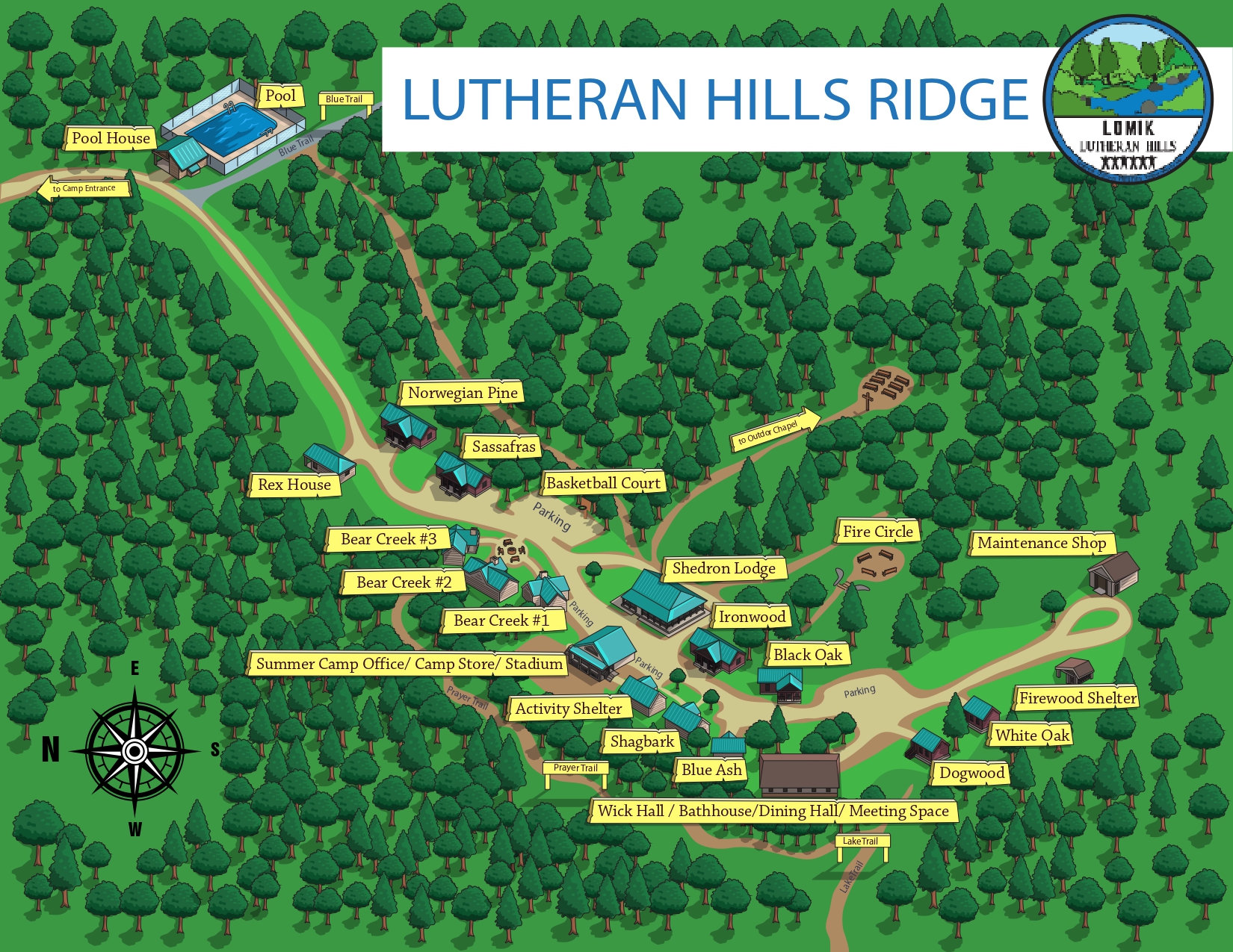 Camp map of Lutheran Hills Ridge showing trails, buildings, and labeled sites in a forested area.