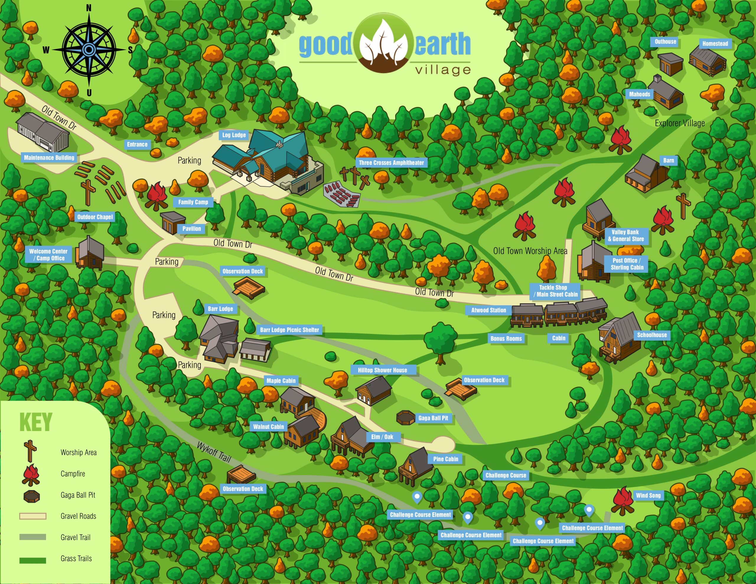 Colorful illustrated map of Good Earth Village showing buildings, roads, trails, and labeled sites like Log Lodge, Outdoor Chapel, and parking areas within a forested park.